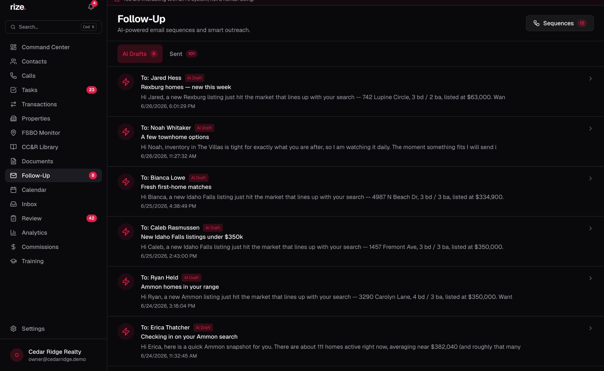AI follow-up drafts queue